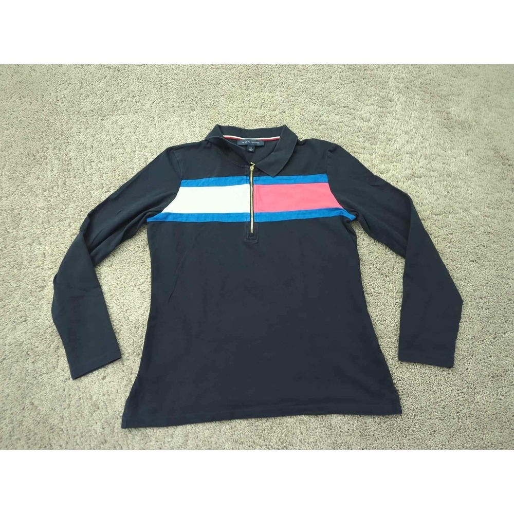 Tommy Hilfiger Polo Shirt Women's‎ Large Quarter Zip Colorblock Navy